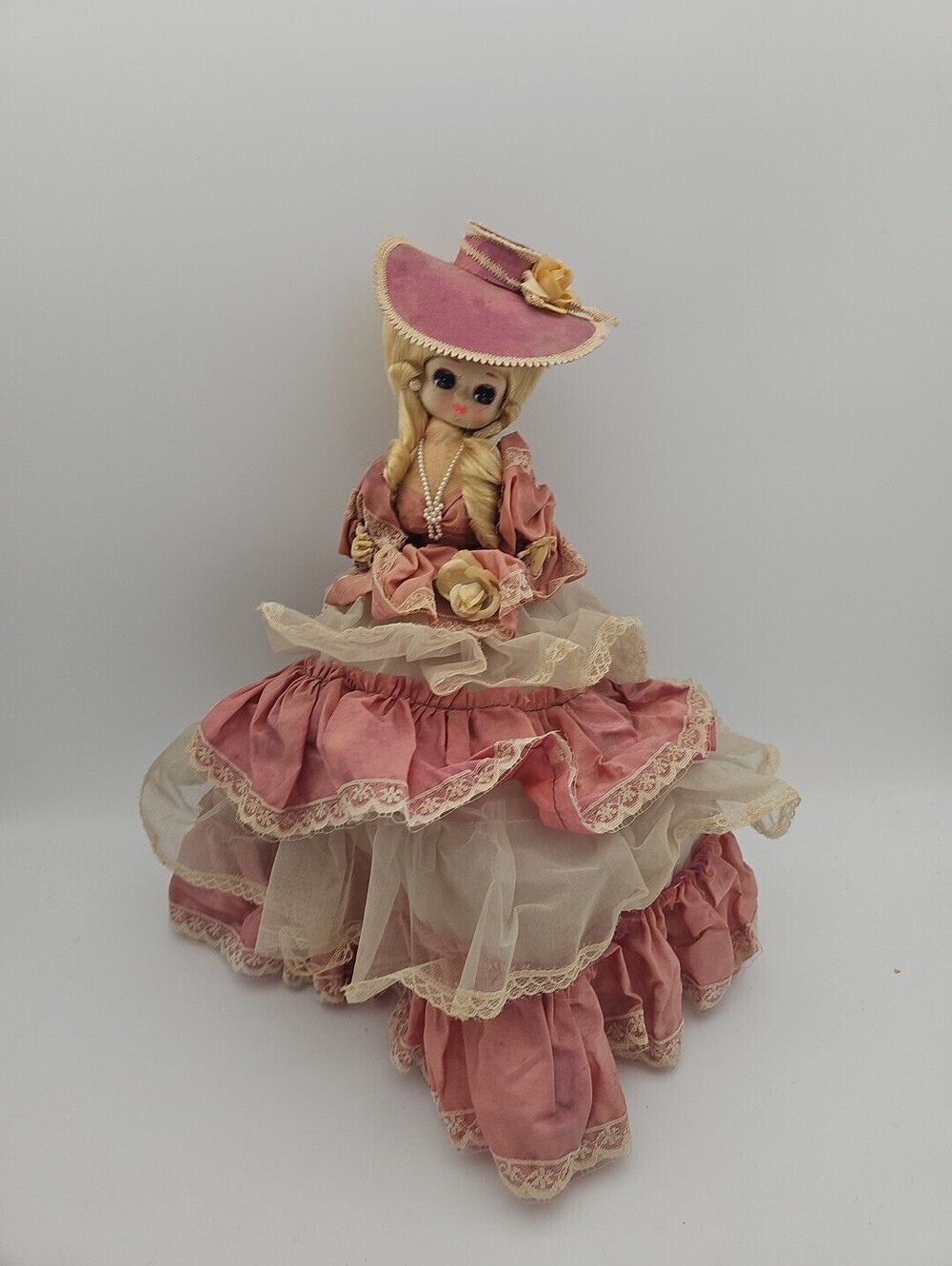 Vintage Victoria Impex 1989 Big Eye Boudoir Doll Pink Lace Hoop Skirt Bonnet